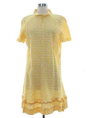 Vintage 70s Home Sewn Yellow Gingham Floral Mini Dress Ruffle Hem S